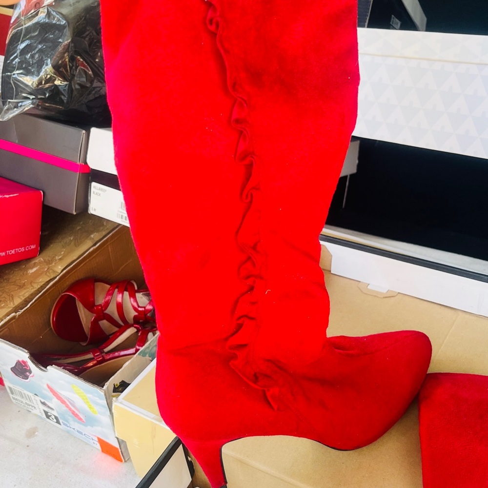 Red Suede Knee-High Boots